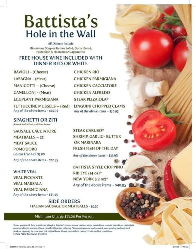 the menu of battista's hole in the wall